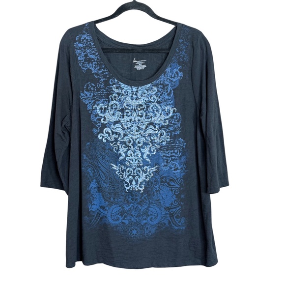 Lane Bryant Black&Blue Embellished Scoop Neck Top 3/4 Sleeve Plus Size Tee 18/20 - Picture 1 of 7